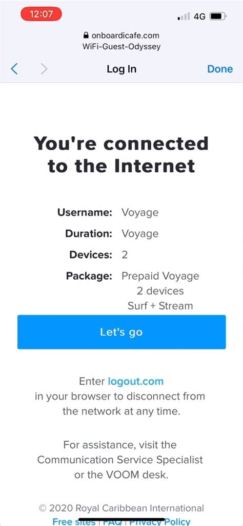 Connecting to Royal Caribbean's Internet .